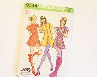SIZE 14 9544 WOMEN'S Simplicity Sewing Pattern 1971 1970s Vintage Mini Dress Shorts Teen Misses Womens Short Puff Sleeves High Collar Junior