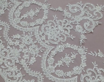 Beaded ivory lace trimming, Sequin lace trim, Pearl lace, French lace trim Chantilly lace, Bridal lace, Wedding lace, White lace by the yard