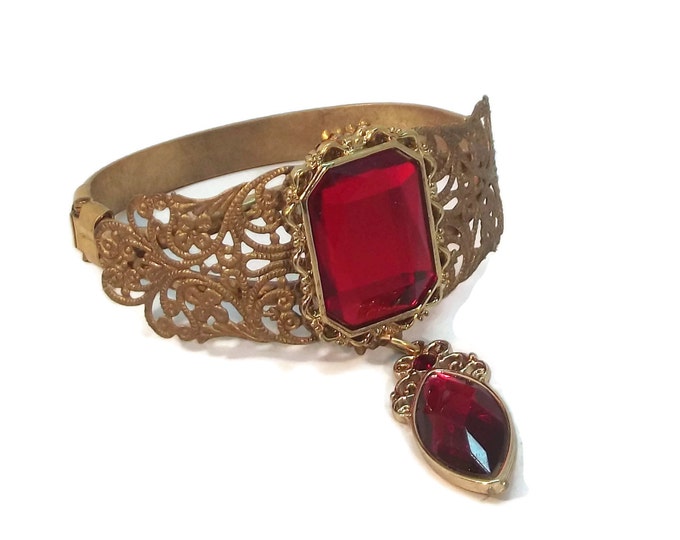 Ruby Red Rhinestone Vintage Victorian Style Filigree Cuff Bracelet OOAK, One of a kind, Handmade Artisan Jewelry