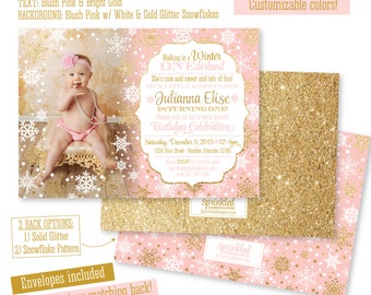 Winter ONEderland Invitation Girl Photo Card - Blush Pink Gold Glitter Blue Snowflakes Snow - First Birthday 1st Bday - Printed Party Invite