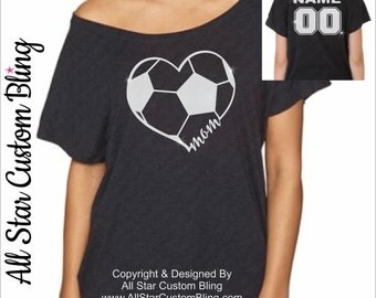 Custom Glitter Soccer Mom Heart Off Shoulder Shirt, Soccer Mom Shirt, Custom Soccer Dolman Shirt, Mom Soccer Shirt