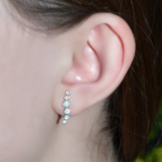 Silver Stud Earrings - Bar 2mm and 3mm Opal Post Earrings - Ear Lobe Jewelry - Cartilage Earring - 20 Gauge Helix Piercing - Conch Earring