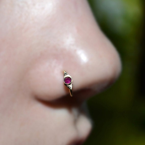 Gold Nose Ring 20g - Tragus Ring 2mm Ruby - Forward Helix Earring - Cartilage Earring - Rook Jewelry - Daith Jewelry - Conch Earring