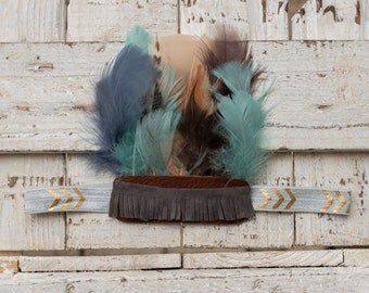 Aqua, Gray, Gold, and Brown Aztec Feather Headband, Indie Headdress, Feather Crown