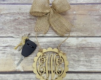 Car Charm - Car Monogram - Rear View Mirror Monogram - 4.5" Painted Monogram with Burlap Bow - Scallop Circle Border