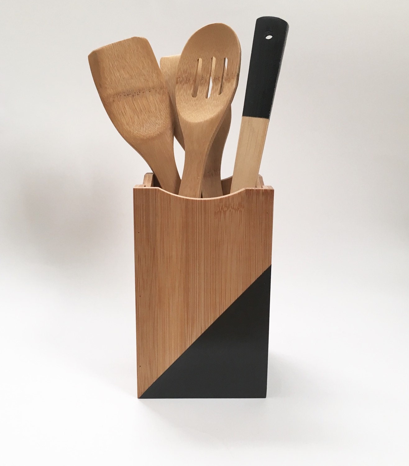 Ready to ship Black Geometric Bamboo Utensil Holder Set
