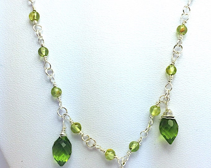Lime green peridot quartz necklace, green crytal necklace, Sterling silver green Quartz necklace, wire wrapping green crystal necklace