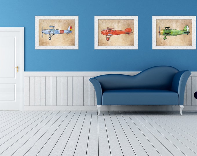 Airplanes wall art Old paper decor prints MAKE YOUR SET 8x10 prints Military airplane Retro aircrafts on vintage paper Boys nursery wall art