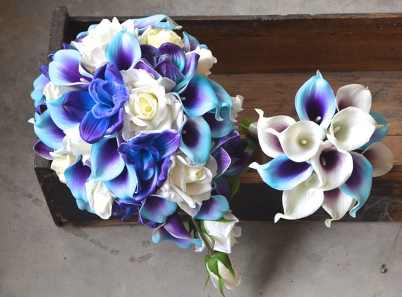 Wedding Package Blue Purple Cascade Bridal Bouquet Real Touch