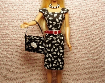 Barbie Clothes - Handmade Skulls Sheath Dress, Purse, Belt, Necklace and High Heel Shoes. CHOOSE: Dress only or Dress with accessories.