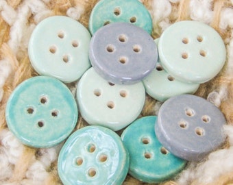 Thick Solid, Simple Handmade Ceramic Buttons, Aqua, Mint, and Grey, Set of Four
