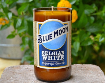 Blue Moon Beer Bottle Candle made with soy wax