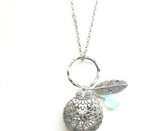 Aqua Drop Owl and Feather Diffuser Necklace Silver, Aromatherapy Necklace, Essential Oil Diffuser Necklace, Owl Oil Diffusing Necklace