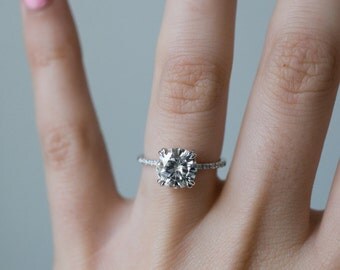 8mm Forever One Colorless Moissanite Engagement Ring | Claw Prong Setting | Hand Pavé Moissanite Band | Recycled Gold Minimal Modern Band