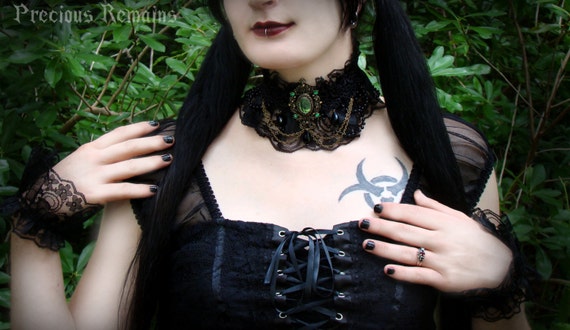 Set: Absinthe Gothic Lace Choker and Wrist Cuffs / Emerald Green Goth Lolita Steampunk Necklace with Elegant Wrist Cuffs Victorian by PreciousRemains steampunk buy now online