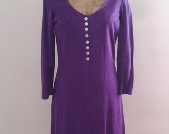 SALE /// Vintage 1960's Purple Slinky Rayon Mini Dress Button Detail Sz Med Mod Hippie