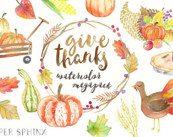 Watercolor Thanksgiving Clipart | Autumn Cornucopia - Turkey Clipart - Pumpkins, Autumn, Fall Wreath - Digital Instant Download PNGs