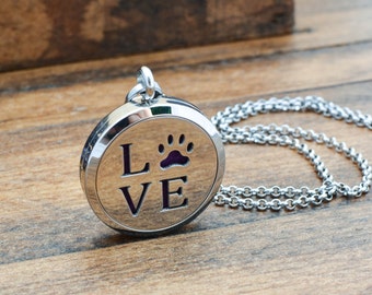 Love Paw Print Aromatherapy Necklace - Paw Print Necklace - Essential Oil Diffuser Necklace - Dog Paw Print Jewelry - Cat Paw Necklace