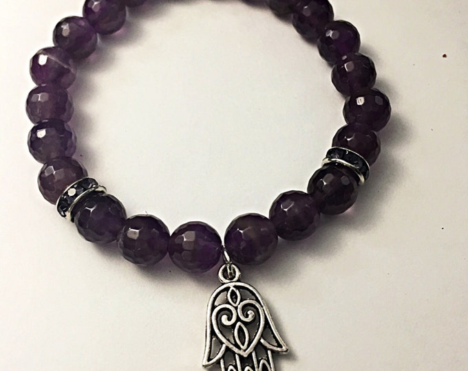 Silver Plated Hamsa Hand of Fatima Charm Beaded Purple Faceted Amethyst Bracelet with rhinestone spacer beads 8mm.