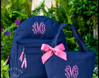 Monogrammed BACKPACK and LUNCHBOX, Personalized Solid Color Back to School Set, Monogrammed Girls Backpacks, School Bags, set of 2