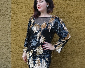 Oleg Cassini Sequin Tunic Blouse Designer Blouse 80s Evening Wear Black and Gold Sequins Epsteam