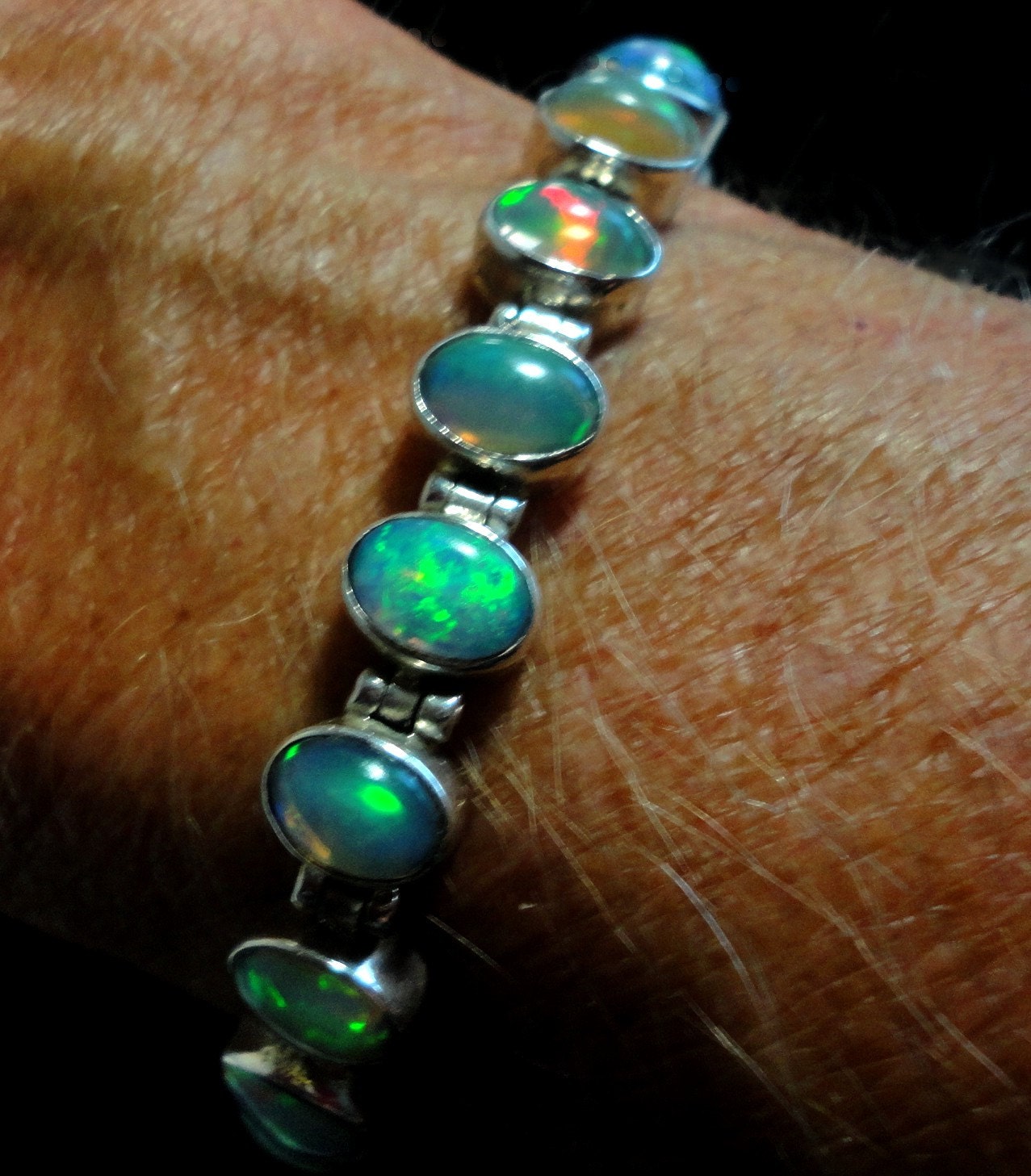 Opal Bracelet Genuine Solid Opal Cabochon Bracelet in Sterling