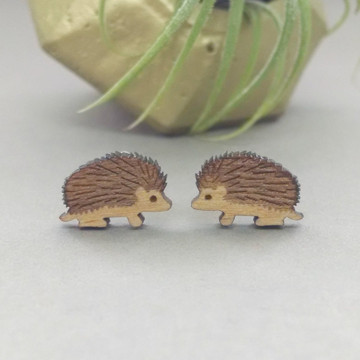 Hedgehog Earrings Laser Engraved Wood Titanium Stud Post