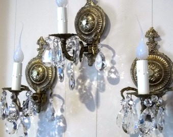 Set of Three Brass Crystal Lighted Wall Sconces Spanish Style Crystal Wall Sconces Matching Set of 3 Crystal Brass Wall Sconces DD 1091