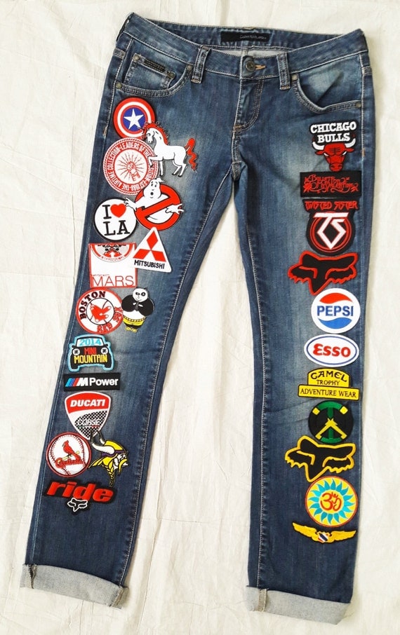 red patch jeans