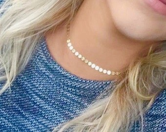 New! Gold Filled Coin Choker Necklace, Gold Dotted Choker, Sterling Silver Choker Necklace, Coin Tattoo Choker, Sequin Bohemian Disc Choker