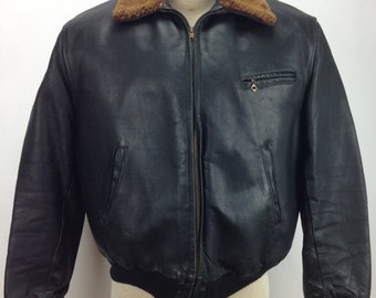 Vintage 1940's Horsehide Black Leather Jacket / Shearling wool Lining / Men's LARGE