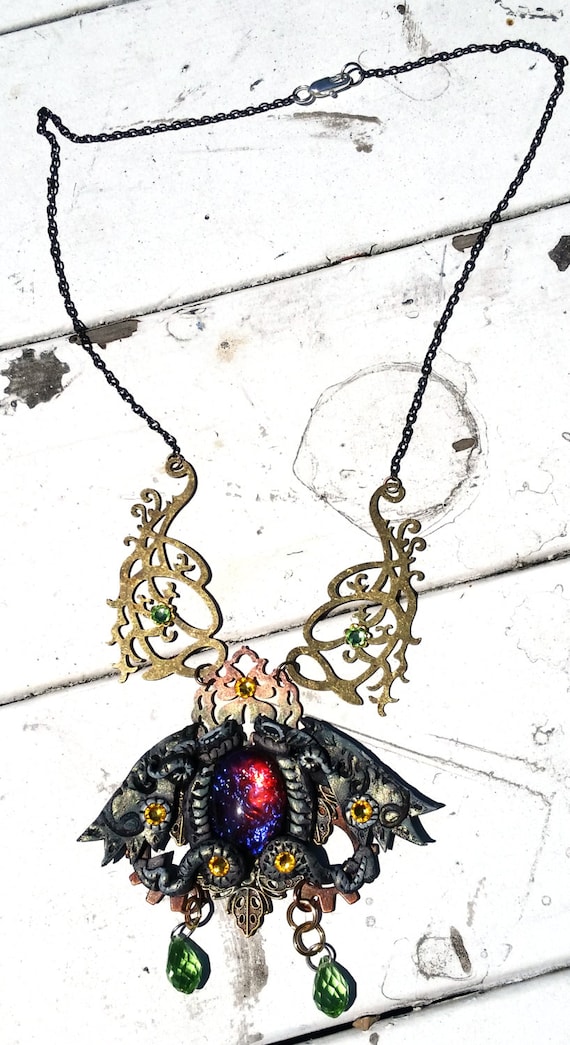 OOAK Steampunk/or/Elvish style Dragons breath Opal Twin Dragons Necklace by ArachStudios steampunk buy now online