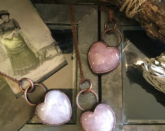 Rose Quartz Necklace Crystal Heart Necklace / Crystal Jewelry Pink Healing Crystal Necklace Pendant / Boho Wedding Bridesmaid Gift Druzy