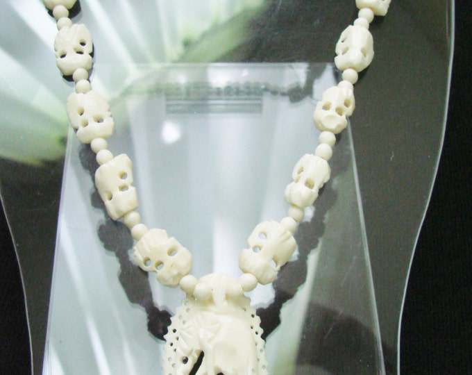Vintage Hand Carved Bone Elephant Pendant Necklace / Intricate & Delicate Carving / Jewelry / Jewellery