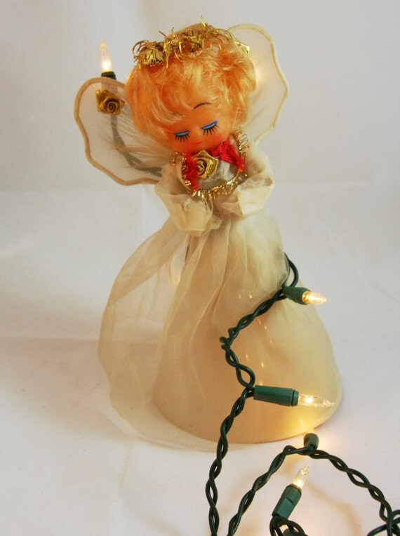 Retro treetop angel-kitsch Christmas-lighted tree angel-white angel-white lights-gold bows Il_570xn