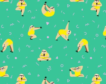 Yoga Sloths Wrapping Paper in emerald, yellow and lilac. Recycled paper, eco friendly. For gift-wrapping, birthdays, events, parties