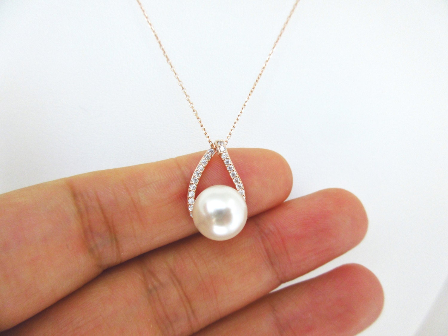 Rose Gold Necklace Teardrop Pearl Necklace Swarovski 10mm