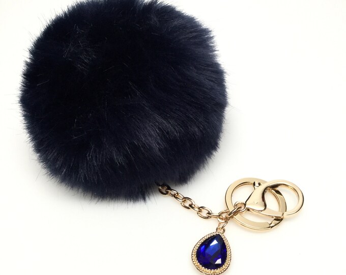 NEW! Faux Rabbit Fur Pom Pom bag Keyring keychain artificial fur puff ball in Navy Crystals Collection