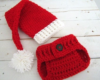 Baby Santa Hat, diaper cover set, Christmas Photo prop, newborn 0-3 Months, long tail, pom pom