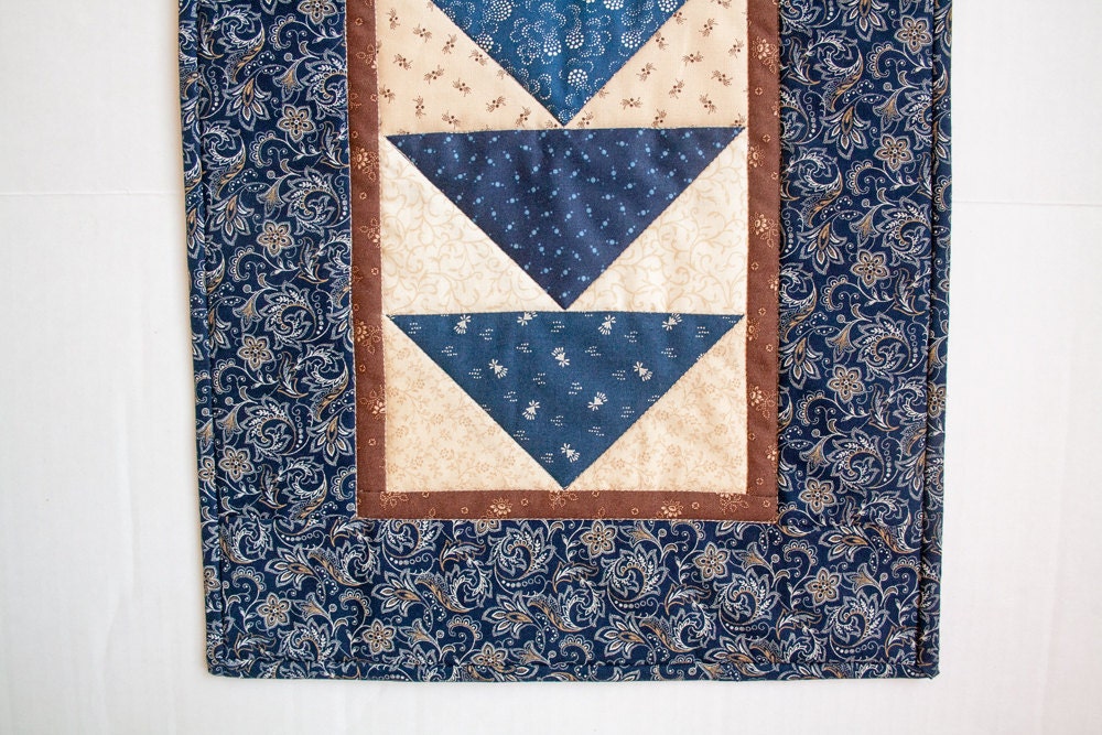 Quilted Table Runner Flying Geese Navy Blue Tan