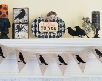 Crow Banner, Crow Halloween Banner, Halloween Burlap Banner, Black Crow Halloween Burlap Banner, B177