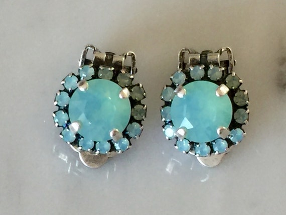 Swarovski Pacific Opal Crystal Halo Clip On Earrings, Antique Silver