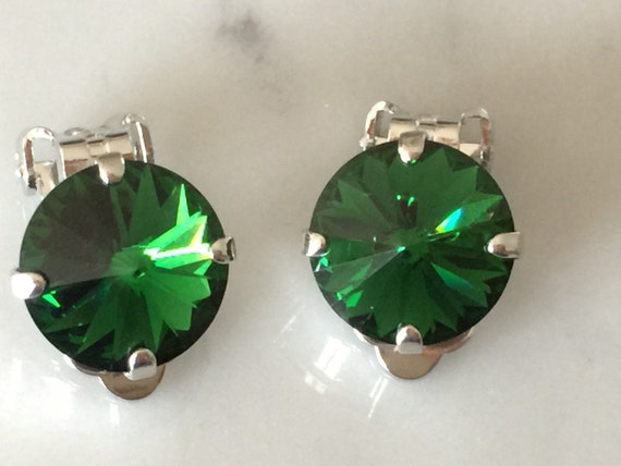 Dark Moss Green Crystal Clip On Earrings, Silver