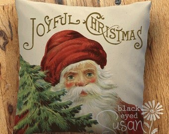 Joyful Christmas Santa Christmas Pillow | 12x12, 16x16, 20x20 | Available in Lined Burlap and Natural Canvas