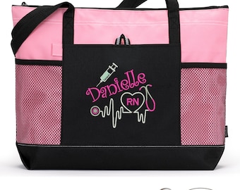 Personalized Rn, Lpn, Nurse, Emt Embroidered Zippered Tote Bag With Mesh Pockets, Beach Bag, Boating