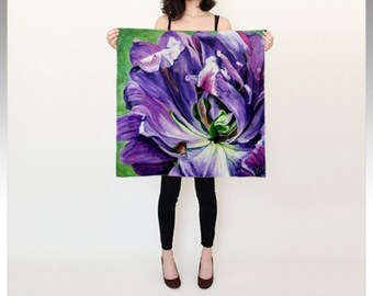 Square Silk Scarf (26" or 36"), reminiscent of tulips or magnolia blooms, is digitally printed from an original painting, "Wind Dance"