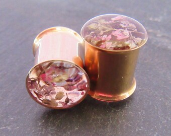 Rose Gold Plugs, Real Flower Pastel Wildflower Ear tunnels, 8mm, 10mm, 12mm, 14mm, 16mm, 19mm, 22mm, 25mm (0 gauge thru 1") MADE-TO-ORDER