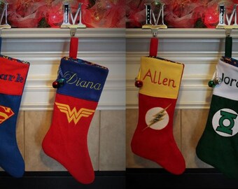Superman, Wonder Woman, The Flash, or Green Lantern Christmas Stocking, Embroidered with your name, Supergirl available