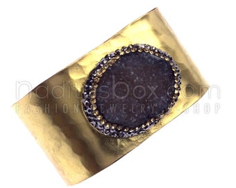 Gold plated artisan grecian greek druzy bracelet cuff