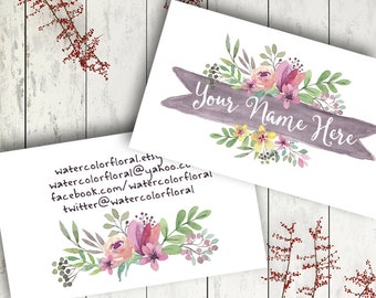 Custom business card watercolor floral modern graphics grey pink flowers digital download